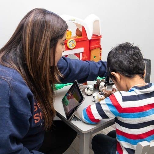 female therapist working with patient at a desk using farm animals for therapy session