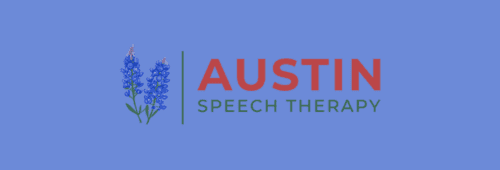 Logo for Austin Speech Therapy featuring a blue brain and bold red text.